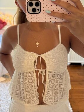 aerie Cream Crochet Tie-Front Cami